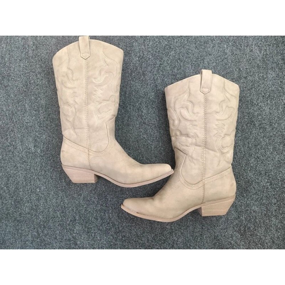 Soda Womens 9.5 Beige Embroidered Cowboy Boots Mid Calf Western Faux Suede